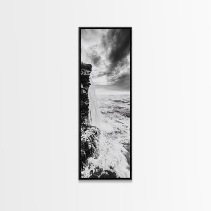 Ocean Waterfall, Coastal Nature, Monochrome Landscape, Framed Canvas Print, Minimalist Bathroom Wall Art, Black White Ocean Art
