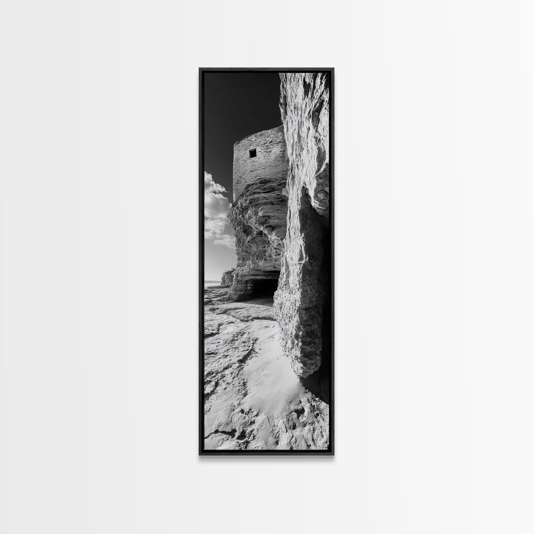 Stone Fortress, Ancient Cliffs, Coastal Ruins, Framed Canvas Print, Rustic Wall Decor, Neutral Tones Living Room Wall Art, Nature Decor