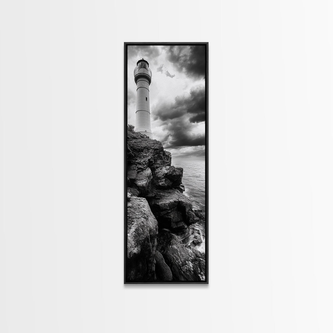 Lighthouse Coast, Stormy Sky, Black White Ocean, Framed Canvas Print, Nautical Wall Art, Rustic Beach House Living Room Decor