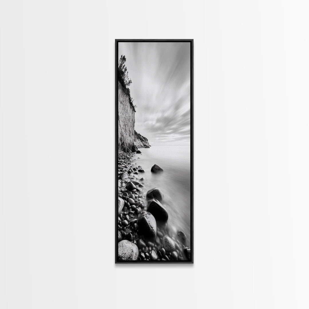 Rocky Shoreline, Coastal Calm, Seaside Mist, Canvas Print, Black White Minimalist Wall Art, Serene Bedroom or Bathroom Decor