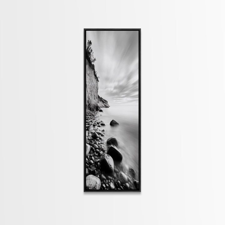 Rocky Shoreline, Coastal Calm, Seaside Mist, Canvas Print, Black White Minimalist Wall Art, Serene Bedroom or Bathroom Decor