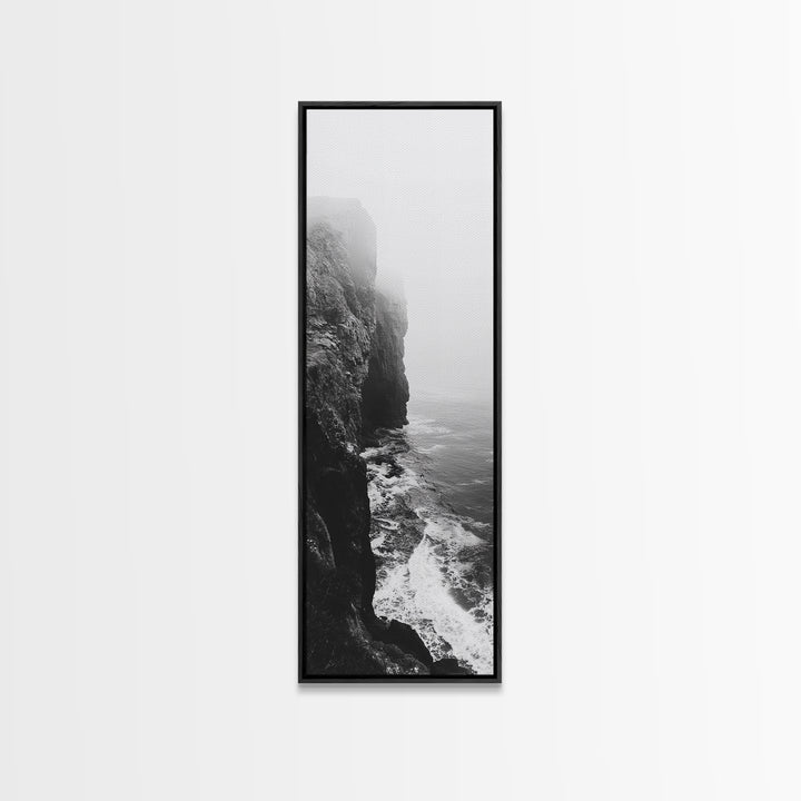 Foggy Cliffs, Moody Coast, Dramatic Seascape, Framed Canvas Print, Modern Dark Aesthetic Art, Minimalist Living Room Wall Decor
