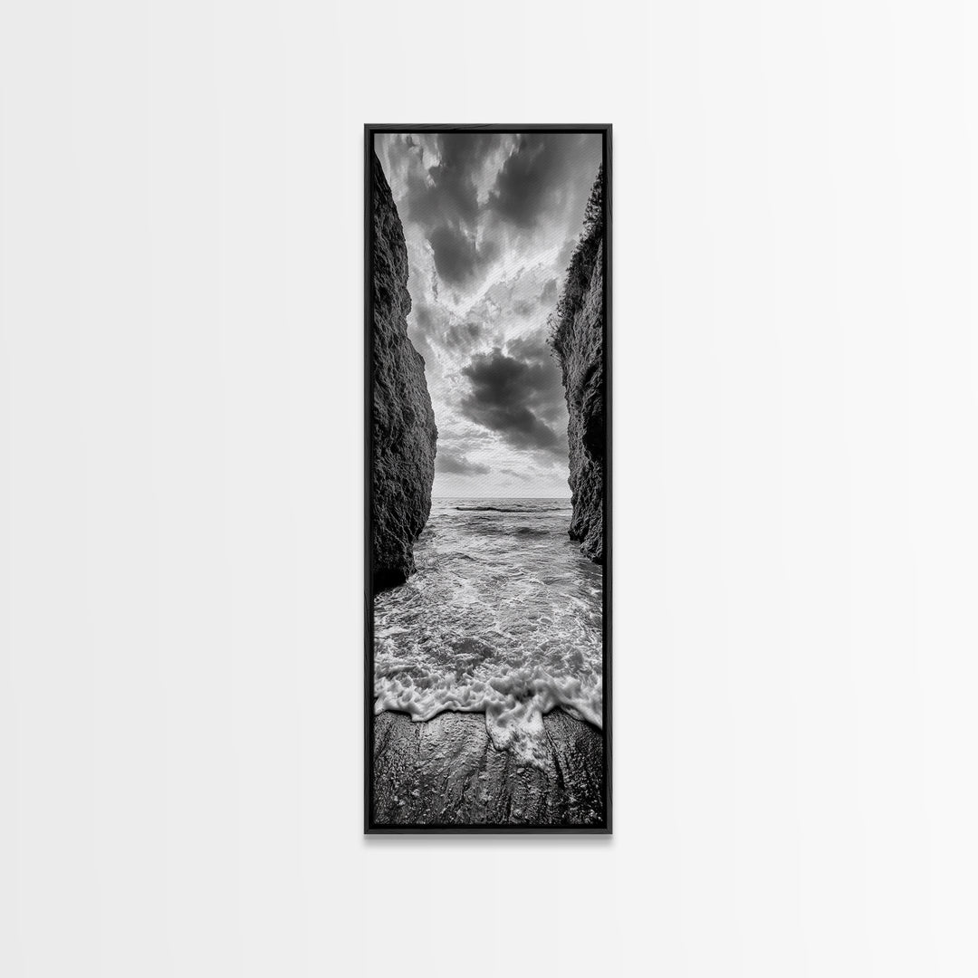 Ocean Gap, Cliffside Horizon, Black White Waves, Framed Canvas Print, Modern Coastal Wall Art, Nautical Living Room Decor,  Nature Decor