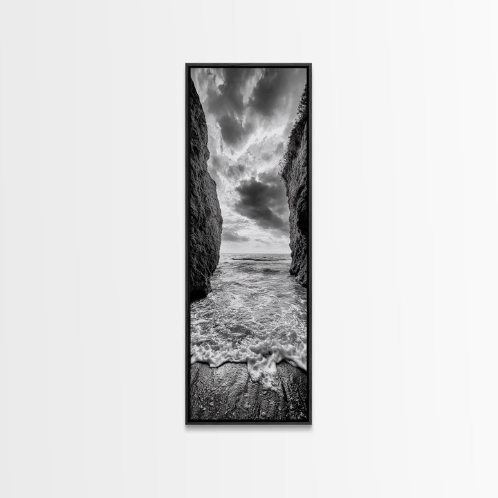 Ocean Gap, Cliffside Horizon, Black White Waves, Framed Canvas Print, Modern Coastal Wall Art, Nautical Living Room Decor,  Nature Decor