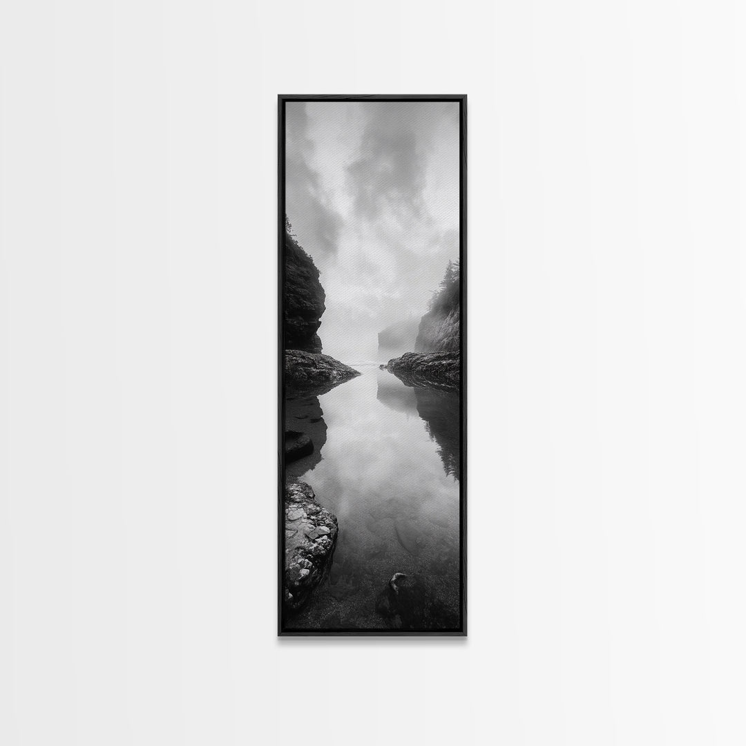 Misty Inlet, Rocky Shoreline, Tranquil Waters, Canvas Print, Moody Landscape Photography, Living Room Art, Nature Inspired Decor