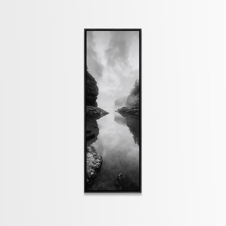 Misty Inlet, Rocky Shoreline, Tranquil Waters, Canvas Print, Moody Landscape Photography, Living Room Art, Nature Inspired Decor