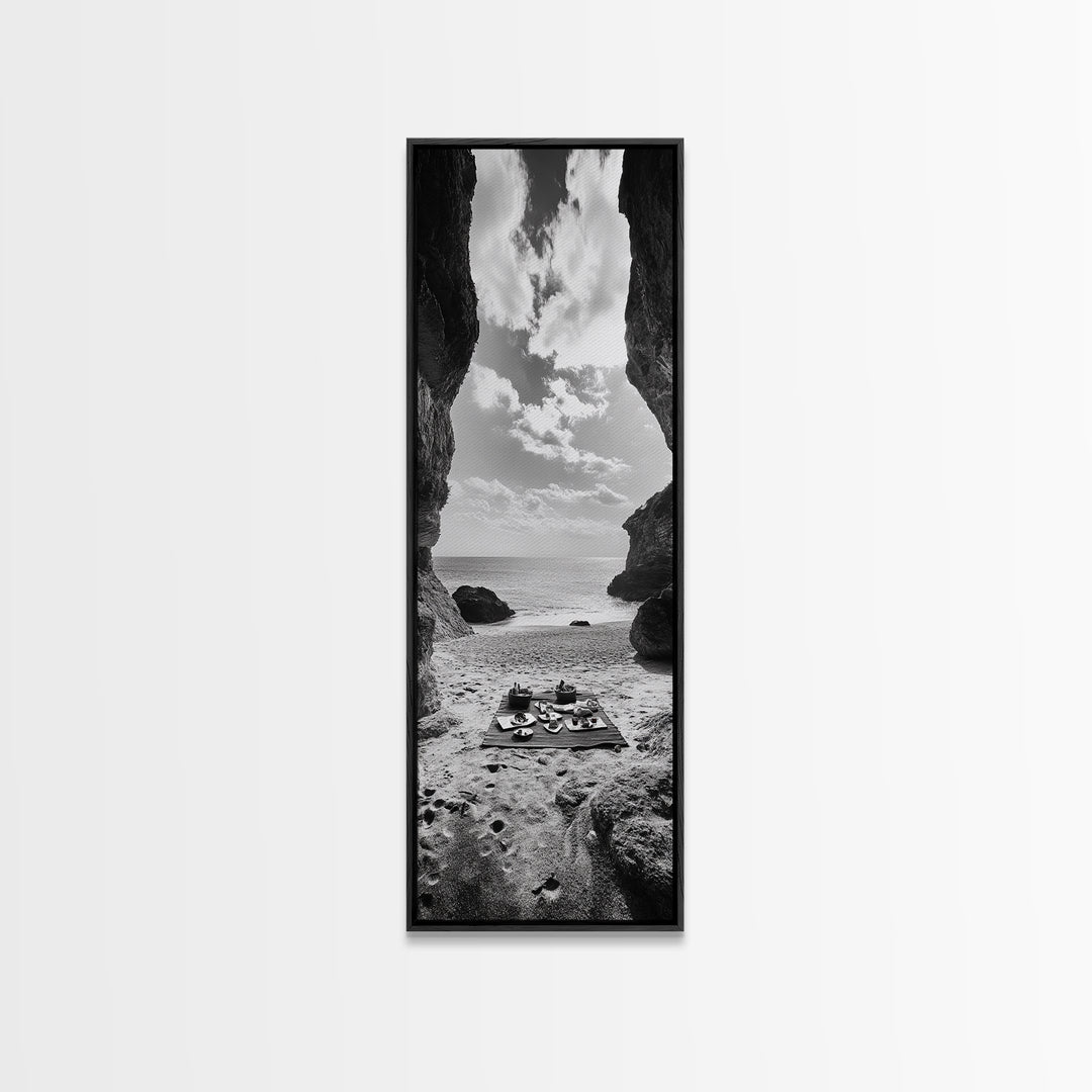 Beach Picnic, Seaside Cave, Ocean View, Framed Canvas Print, Minimalist Coastal Art, Dining Room Decor, Romantic Escape Vibes, Nautical Decor