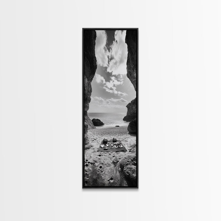 Beach Picnic, Seaside Cave, Ocean View, Framed Canvas Print, Minimalist Coastal Art, Dining Room Decor, Romantic Escape Vibes, Nautical Decor