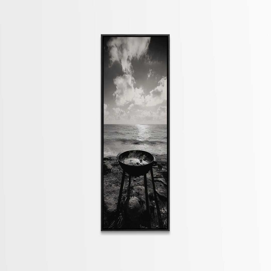 Smoky Grill, Seaside BBQ, Coastal Cooking, Framed Canvas Print, Rustic Outdoor Kitchen Art, Summer Vibes Wall Decor, Moody Beach Scene