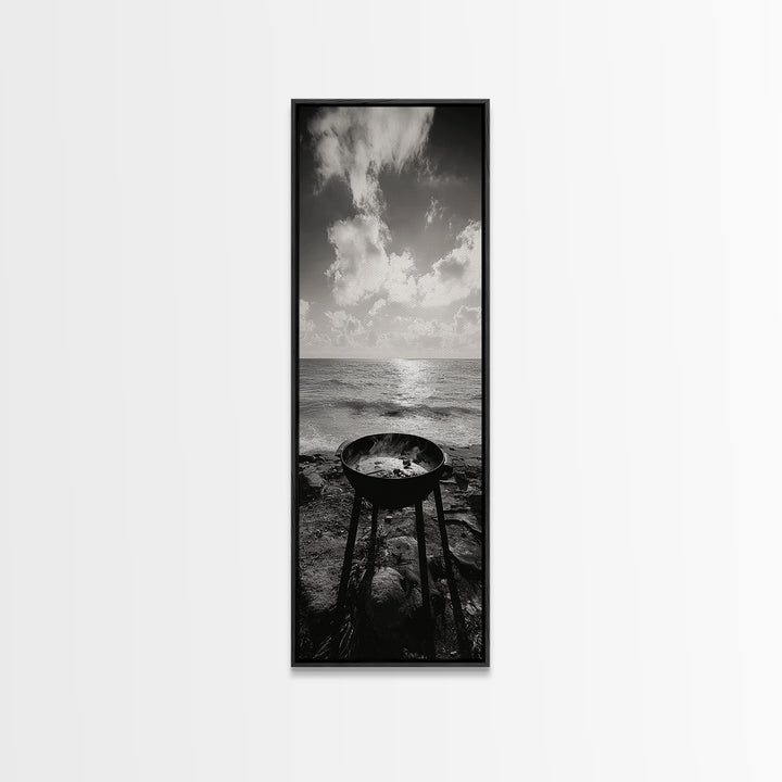 Smoky Grill, Seaside BBQ, Coastal Cooking, Framed Canvas Print, Rustic Outdoor Kitchen Art, Summer Vibes Wall Decor, Moody Beach Scene