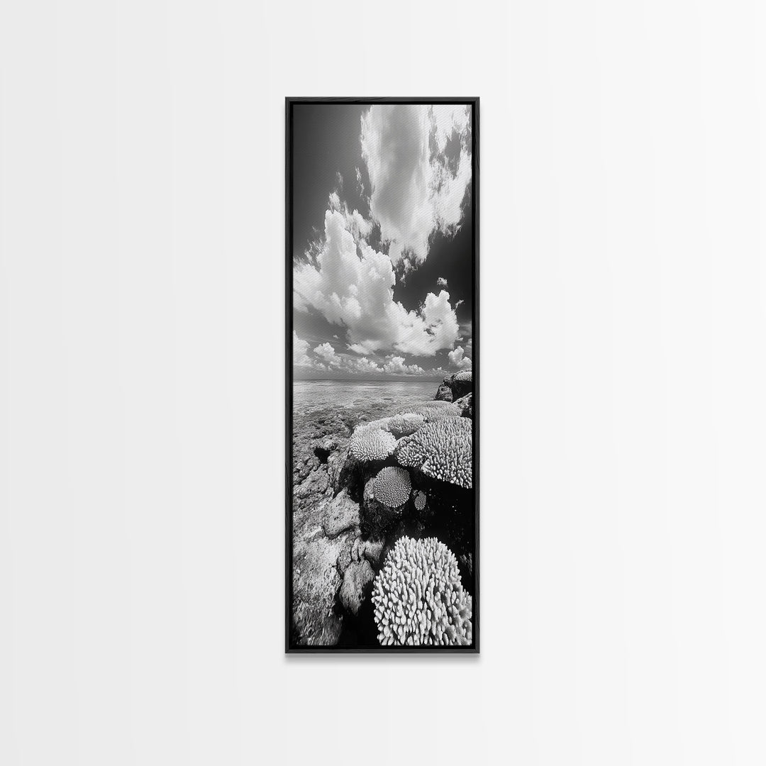 Coral Reef, Ocean Horizon, Puffy Clouds, Framed Canvas Print, Coastal Bathroom Art, Nautical Decor, Black and White Beach Style