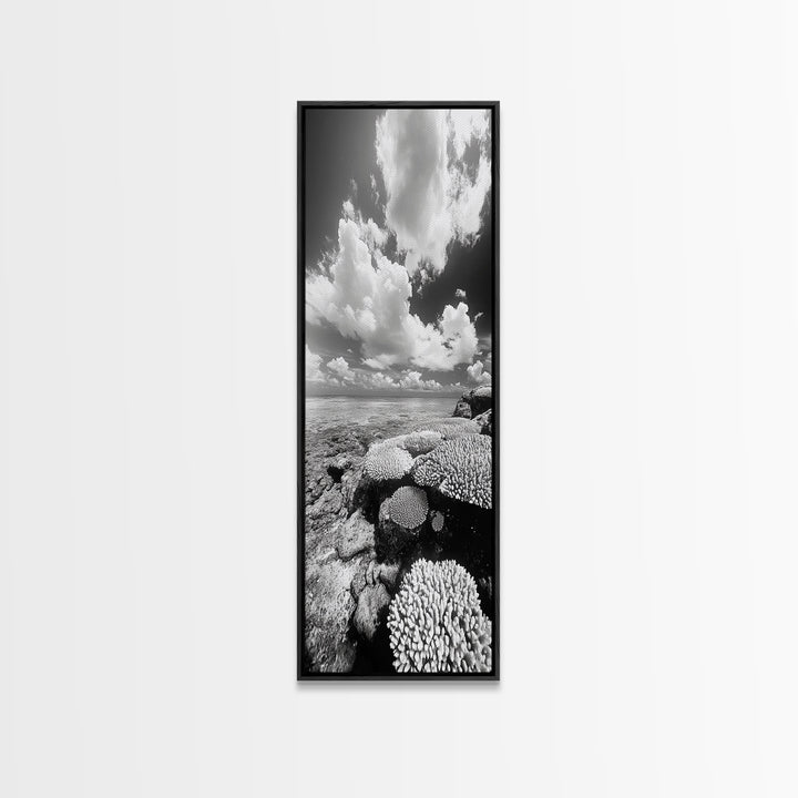 Coral Reef, Ocean Horizon, Puffy Clouds, Framed Canvas Print, Coastal Bathroom Art, Nautical Decor, Black and White Beach Style