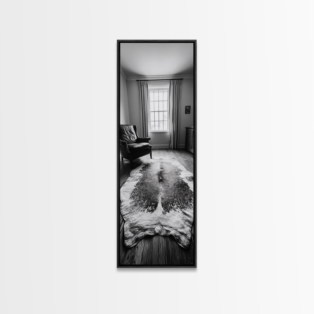 Leather Chair, Cozy Window, Cowhide Rug, Framed Canvas Print, Farmhouse Living Room Decor, Rustic Minimalist Art, Monochrome Interior