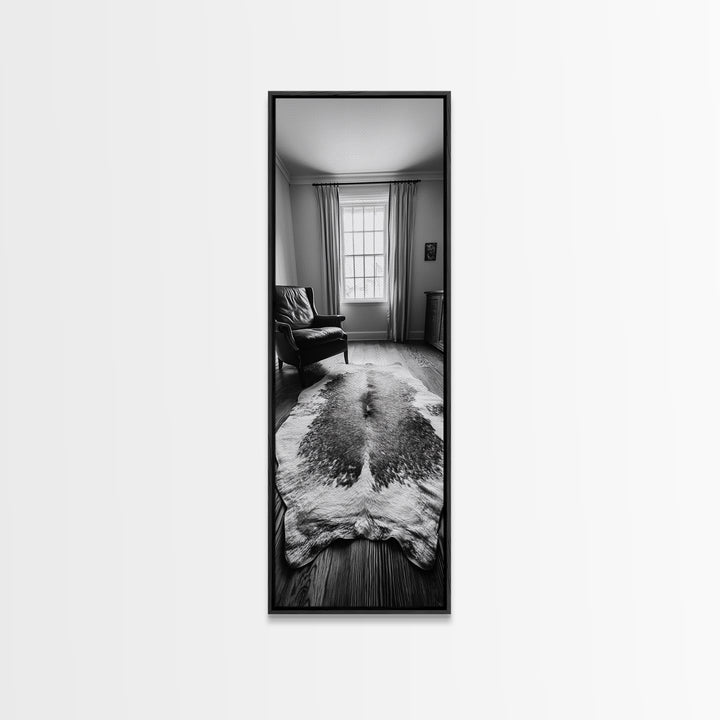 Leather Chair, Cozy Window, Cowhide Rug, Framed Canvas Print, Farmhouse Living Room Decor, Rustic Minimalist Art, Monochrome Interior