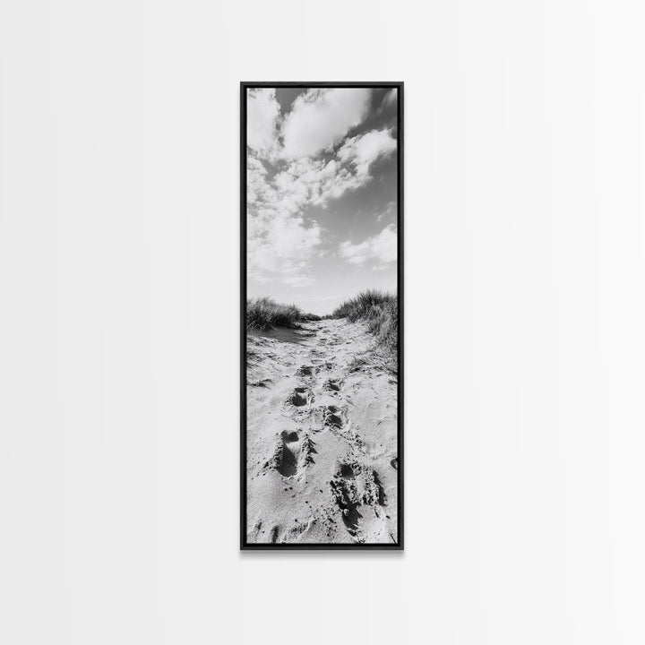 Sandy Trail, Dune Path, Footprints Grass, Canvas Print, Fall Coastal Decor, Boho Entryway Art, Black and White Beach Landscape