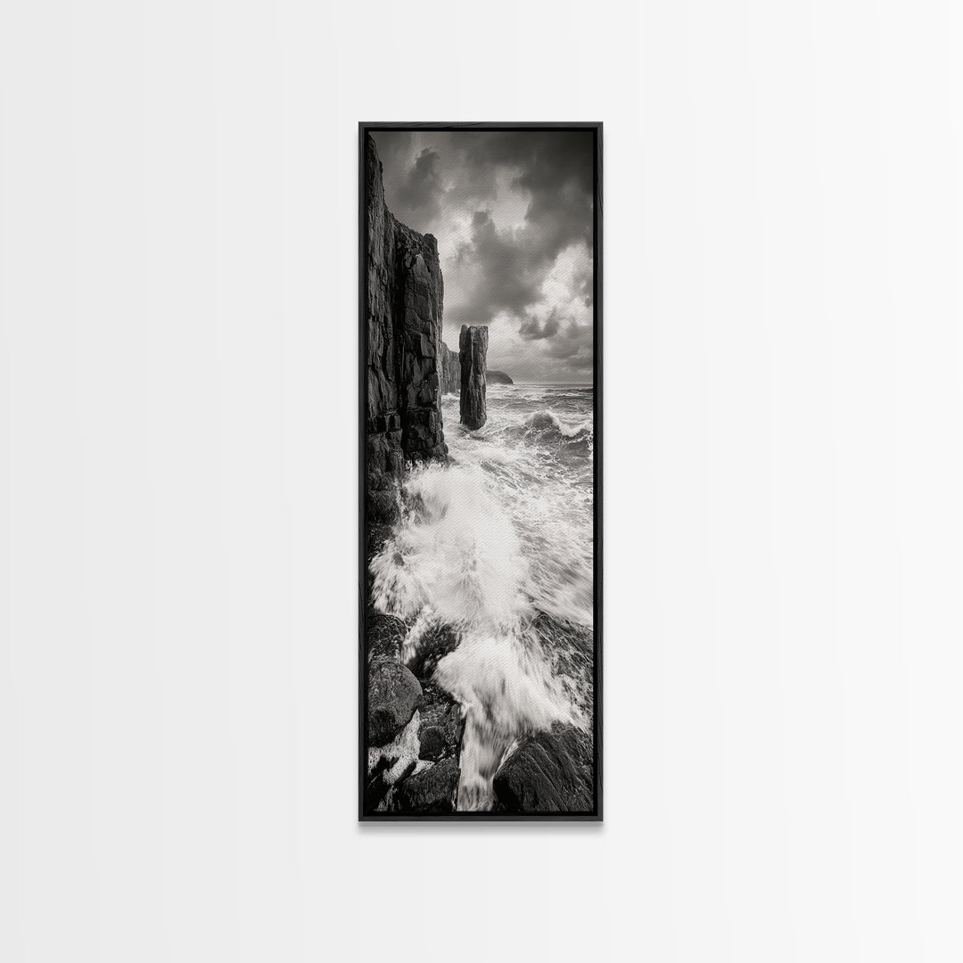 Crashing Surf, Tall Sea Stack, Rugged Coast, Framed Canvas Print, Moody Ocean Wall Art, Bathroom Decor, Black and White Seascape