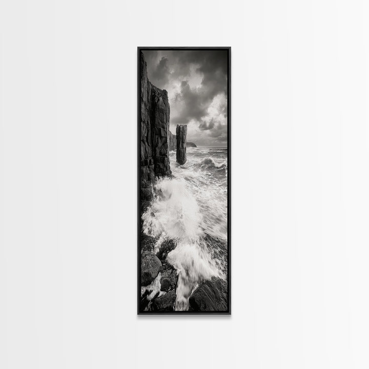 Crashing Surf, Tall Sea Stack, Rugged Coast, Framed Canvas Print, Moody Ocean Wall Art, Bathroom Decor, Black and White Seascape