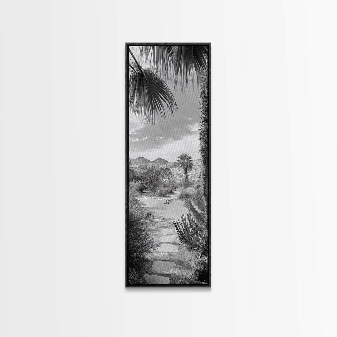 Desert Path, Palm Trees, Serene Escape, Tranquil Garden, Monochrome Landscape, Framed Canvas Print, Entryway Wall Art, Nature Minimal