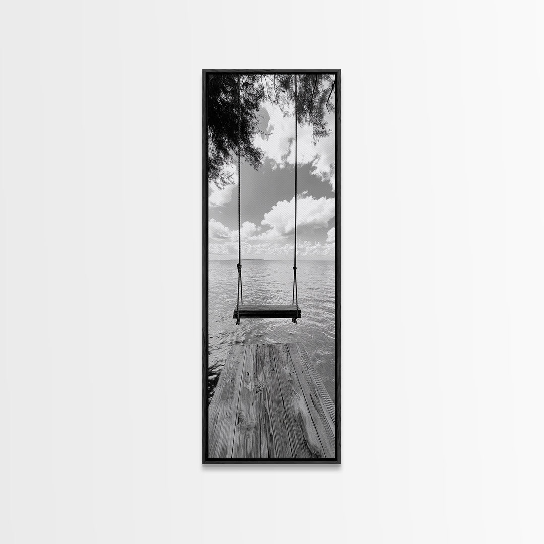 Lakeside Swing Stillness, Serene Water View Print, Peaceful Dock Photography, Canvas Print, Tranquil Bedroom or Office Wall Art