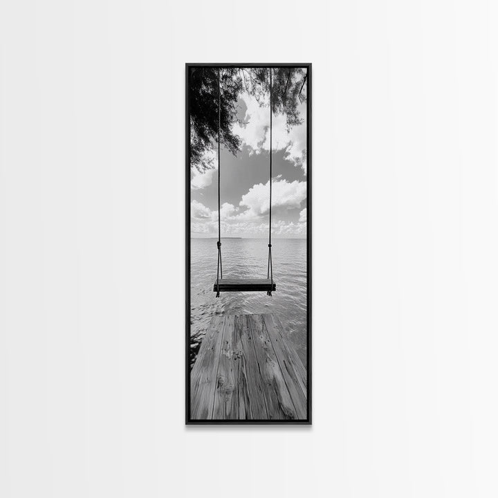 Lakeside Swing Stillness, Serene Water View Print, Peaceful Dock Photography, Canvas Print, Tranquil Bedroom or Office Wall Art