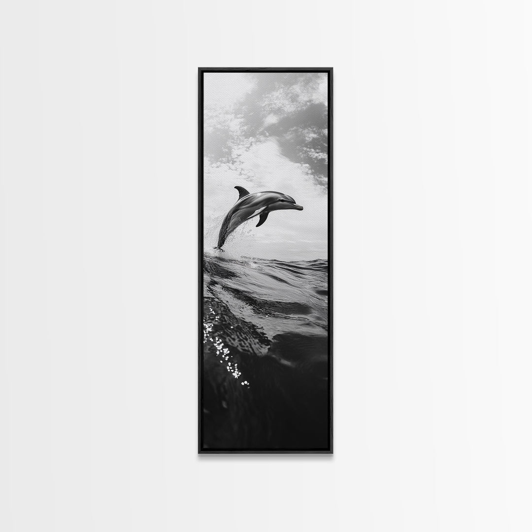 Dolphin Ocean Jump, Black and White Sea Life Print, Coastal Marine Wall Art, Canvas Print, Beach House Decor, Nature Photography