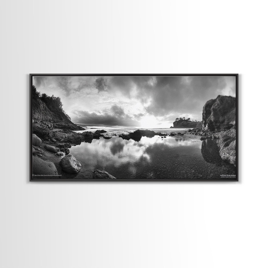 Coastal Reflection, Tide Pools, Dramatic Sky, Ocean Cliff Landscape, Framed Canvas Print, Bedroom Nature Photography Art