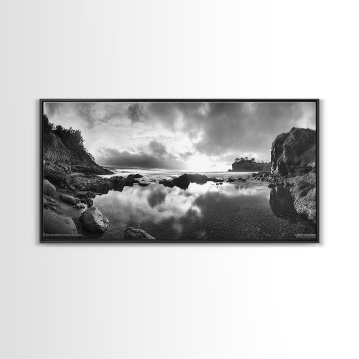 Coastal Reflection, Tide Pools, Dramatic Sky, Ocean Cliff Landscape, Framed Canvas Print, Bedroom Nature Photography Art