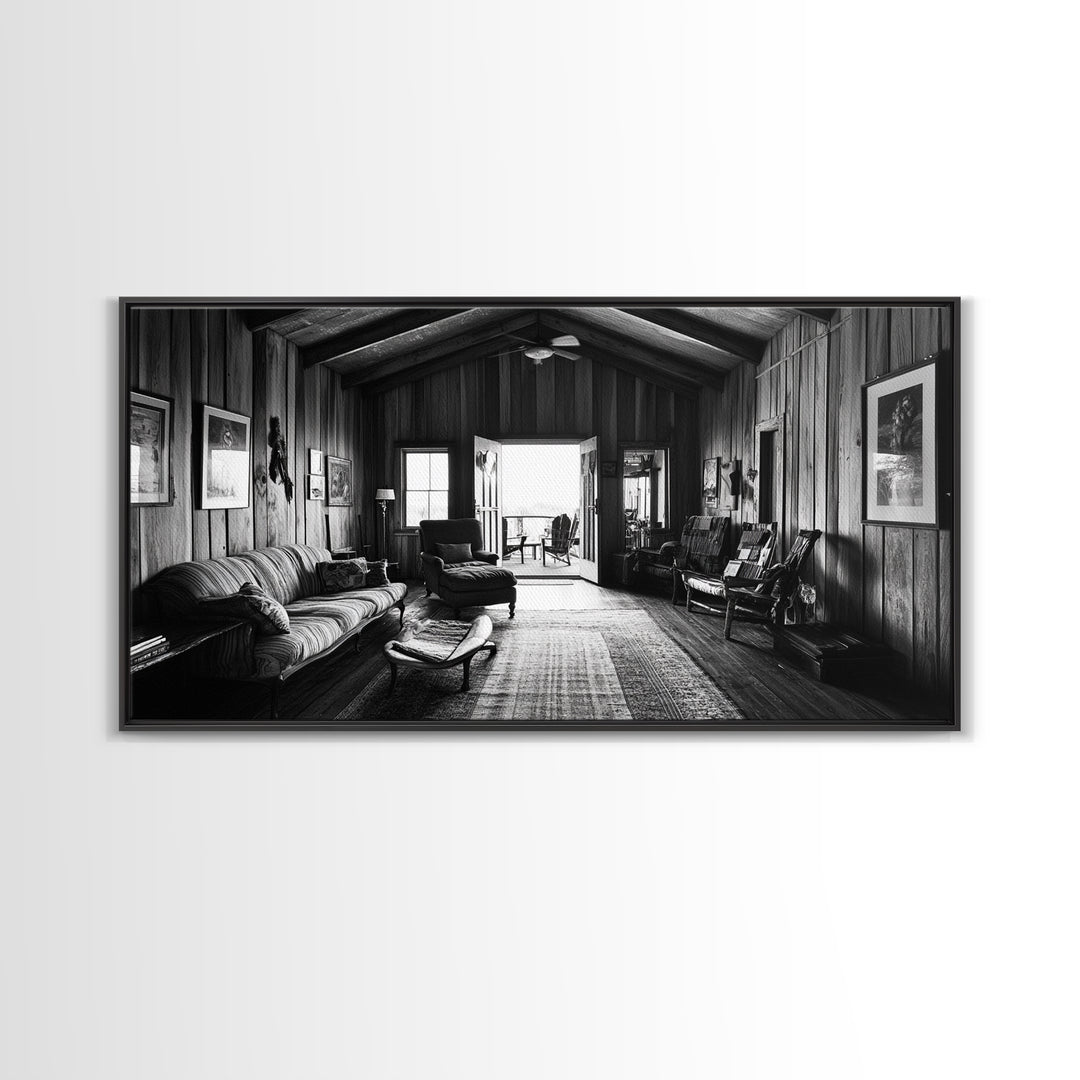 Cozy Cabin Interior, Rustic Living Space, Wood Wall Charm, Canvas Print, Country Living Room Art, Americana Wall Photography