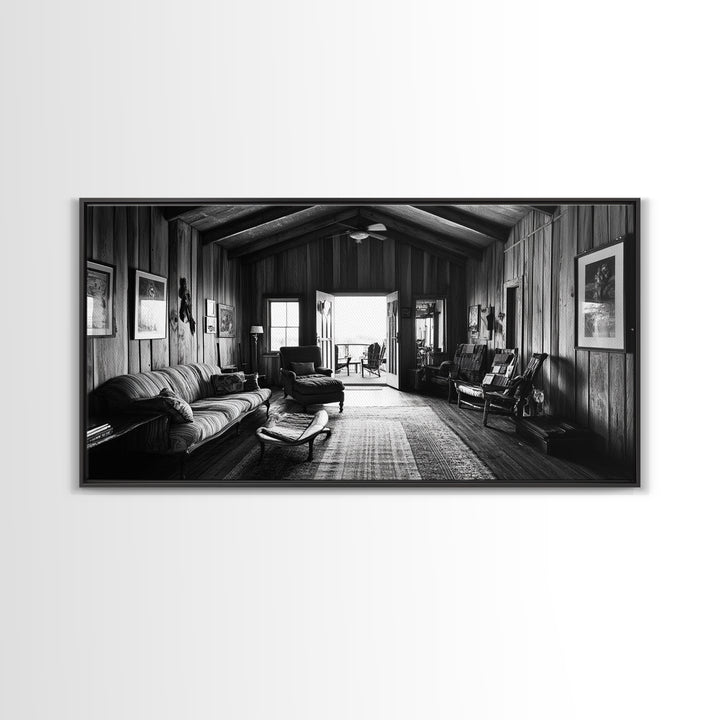 Cozy Cabin Interior, Rustic Living Space, Wood Wall Charm, Canvas Print, Country Living Room Art, Americana Wall Photography