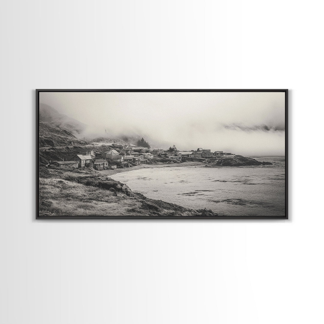 Coastal Fog Village, Misty Ocean Cliff Scene, Black and White Landscape, Canvas Print, Bedroom Wall Art, Rustic Coastal Decor