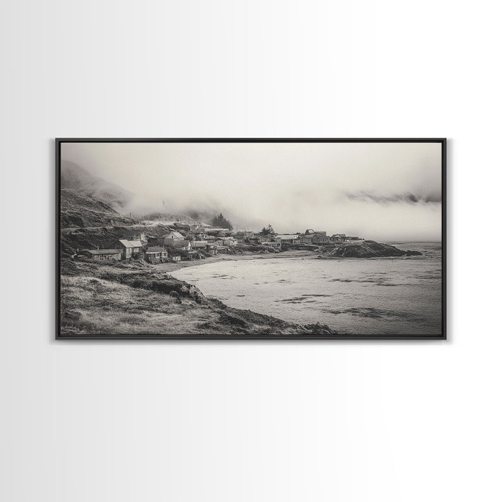 Coastal Fog Village, Misty Ocean Cliff Scene, Black and White Landscape, Canvas Print, Bedroom Wall Art, Rustic Coastal Decor