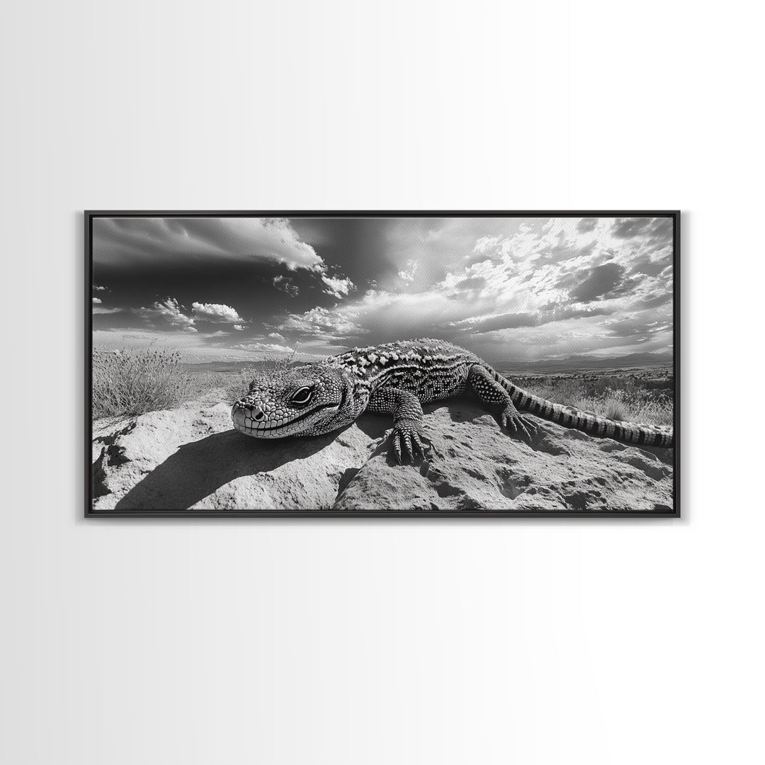 Desert Lizard Close-Up, Reptile Wildlife Photography, Dramatic Sky Scene, Canvas Print, Living Room Wall Art, Nature Decor