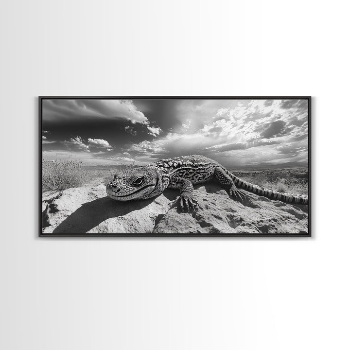Desert Lizard Close-Up, Reptile Wildlife Photography, Dramatic Sky Scene, Canvas Print, Living Room Wall Art, Nature Decor