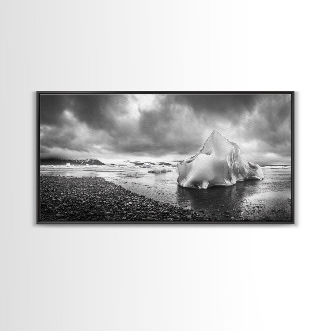 Arctic Iceberg Shore, Moody Cloud Sky, Frozen Water Landscape, Framed Canvas Print, Office Wall Art, Nordic Minimalist Art