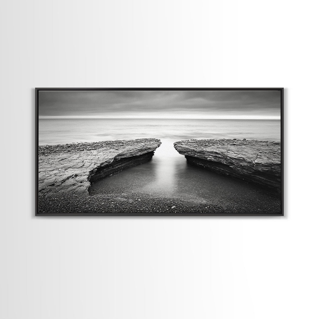 Ocean Rock Split, Calm Seascape Horizon, Monochrome Photography, Canvas Print, Bathroom Wall Art, Zen Coastal Aesthetic, Office Wall Art