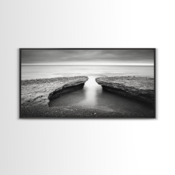 Ocean Rock Split, Calm Seascape Horizon, Monochrome Photography, Canvas Print, Bathroom Wall Art, Zen Coastal Aesthetic, Office Wall Art