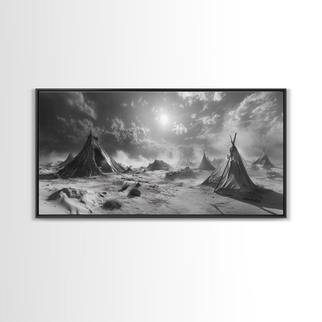 Desert Tent Scene, Surreal Tribal Landscape, Stormy Sky Tents, Canvas Print, Living Room Wall Art, Boho Nomad Aesthetic, Living Room Wall Art
