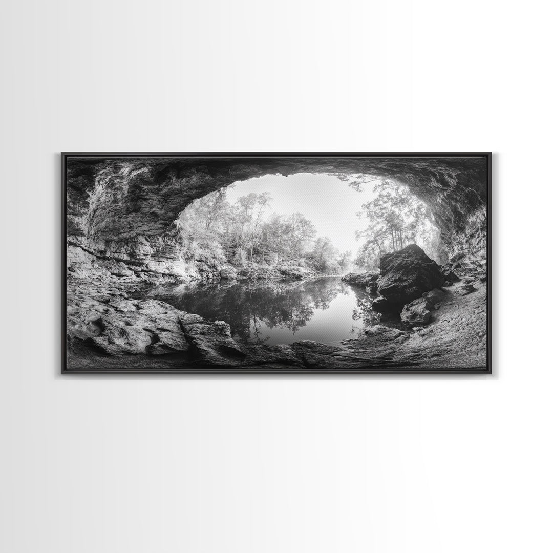 Cave Entrance Lake, Hidden Forest View, Rock Reflection Water, Canvas Print, Hallway Wall Art, Adventure Wilderness Decor, Minimalist Style