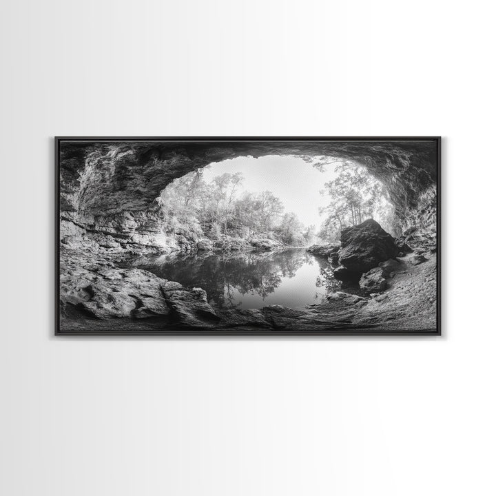 Cave Entrance Lake, Hidden Forest View, Rock Reflection Water, Canvas Print, Hallway Wall Art, Adventure Wilderness Decor, Minimalist Style
