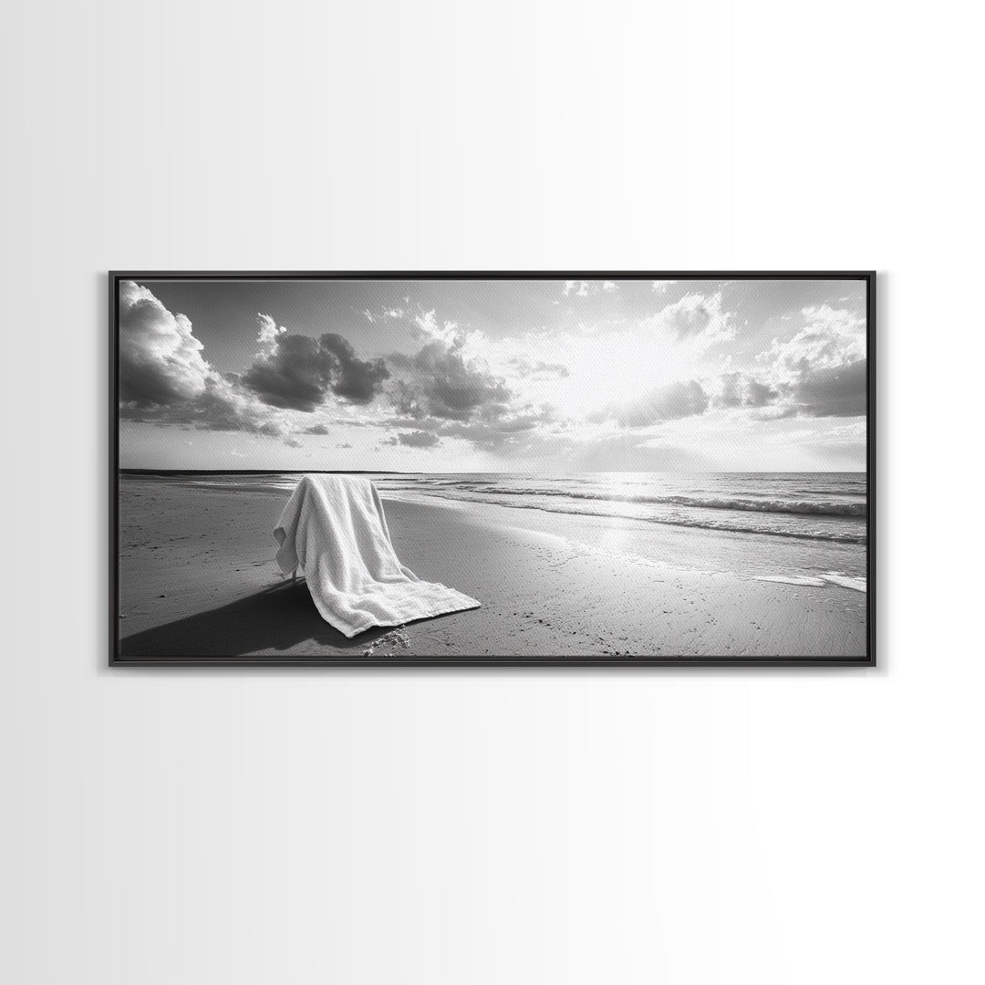 Beach Towel, Serene Shoreline, Peaceful Coastal Scene, Framed Canvas Print, Spa Bathroom Decor, Minimalist Beach Photography