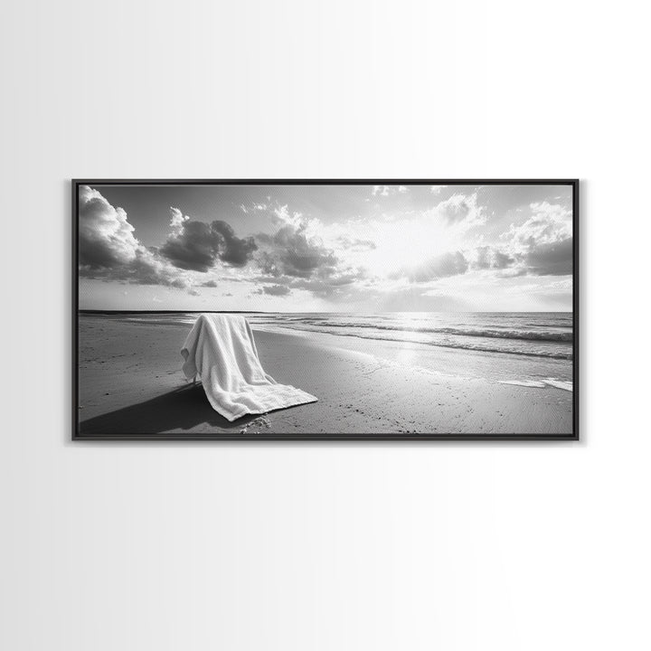 Beach Towel, Serene Shoreline, Peaceful Coastal Scene, Framed Canvas Print, Spa Bathroom Decor, Minimalist Beach Photography