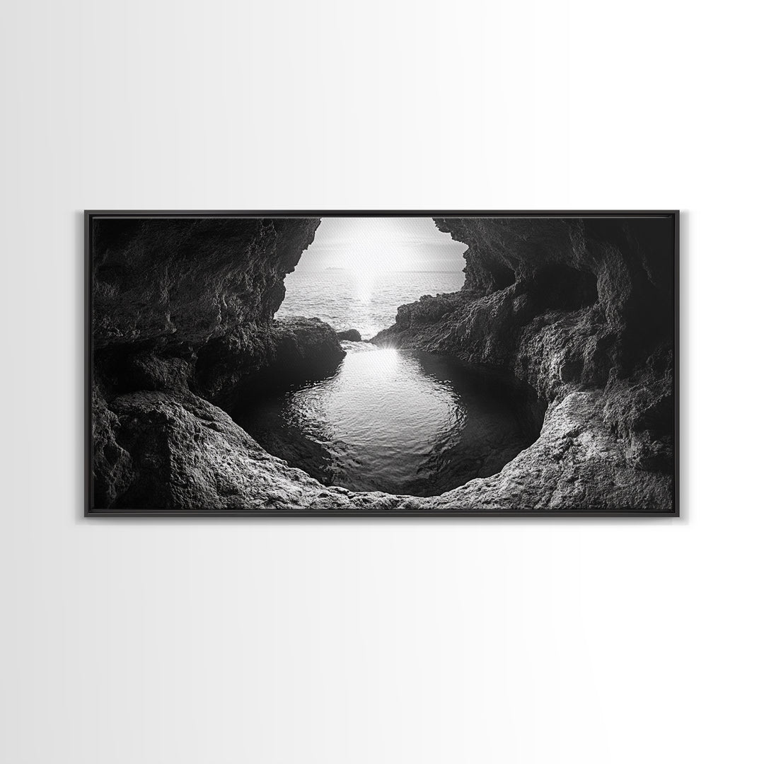 Ocean Cave Sunset, Seascape Art, Black and White Photography, Coastal Decor, Minimalist Style, Canvas Print, Bathroom Wall Art
