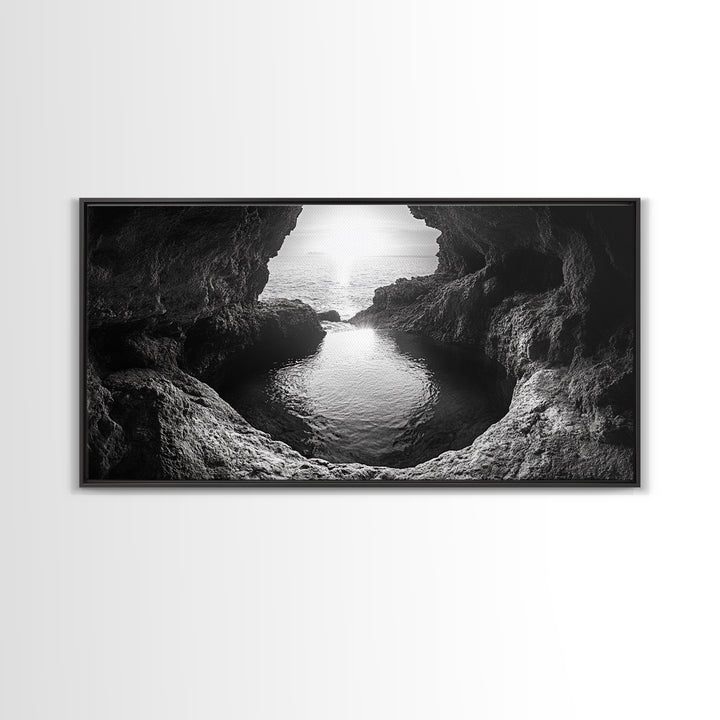 Ocean Cave Sunset, Seascape Art, Black and White Photography, Coastal Decor, Minimalist Style, Canvas Print, Bathroom Wall Art