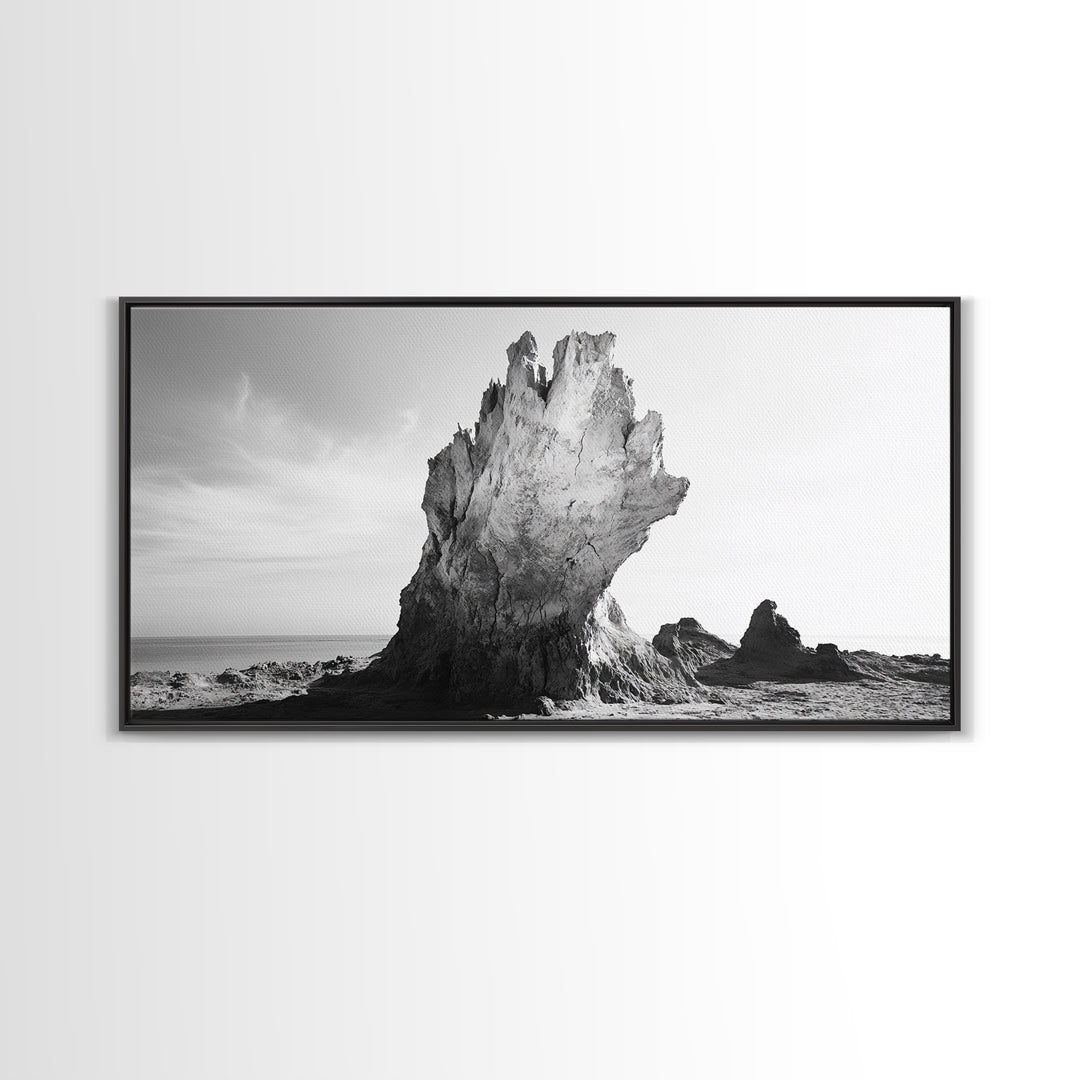Desert Rock Tower, Surreal Landscape, Modern Nature Art, Canvas Print, Black and White Office Decor, Minimalist Style Piece, Bedroom Wall Art
