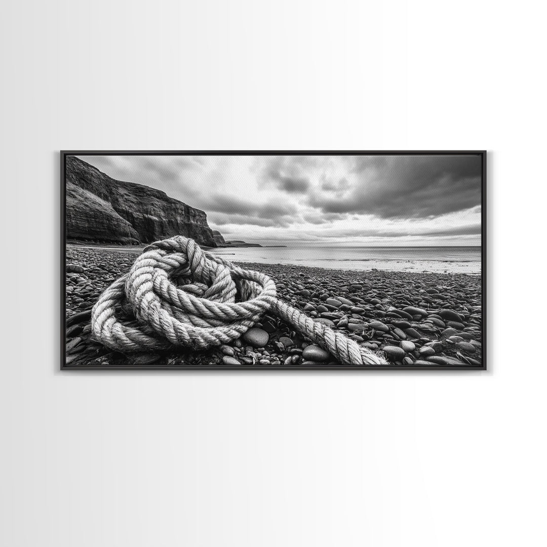 Coastal Rope, Pebble Shore, Nautical Texture, Rugged Seascape, Canvas Print, Bathroom Wall Art, Beach House Style, Moody Ocean Decor