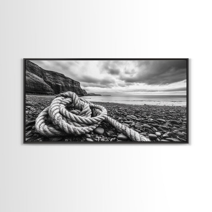 Coastal Rope, Pebble Shore, Nautical Texture, Rugged Seascape, Canvas Print, Bathroom Wall Art, Beach House Style, Moody Ocean Decor