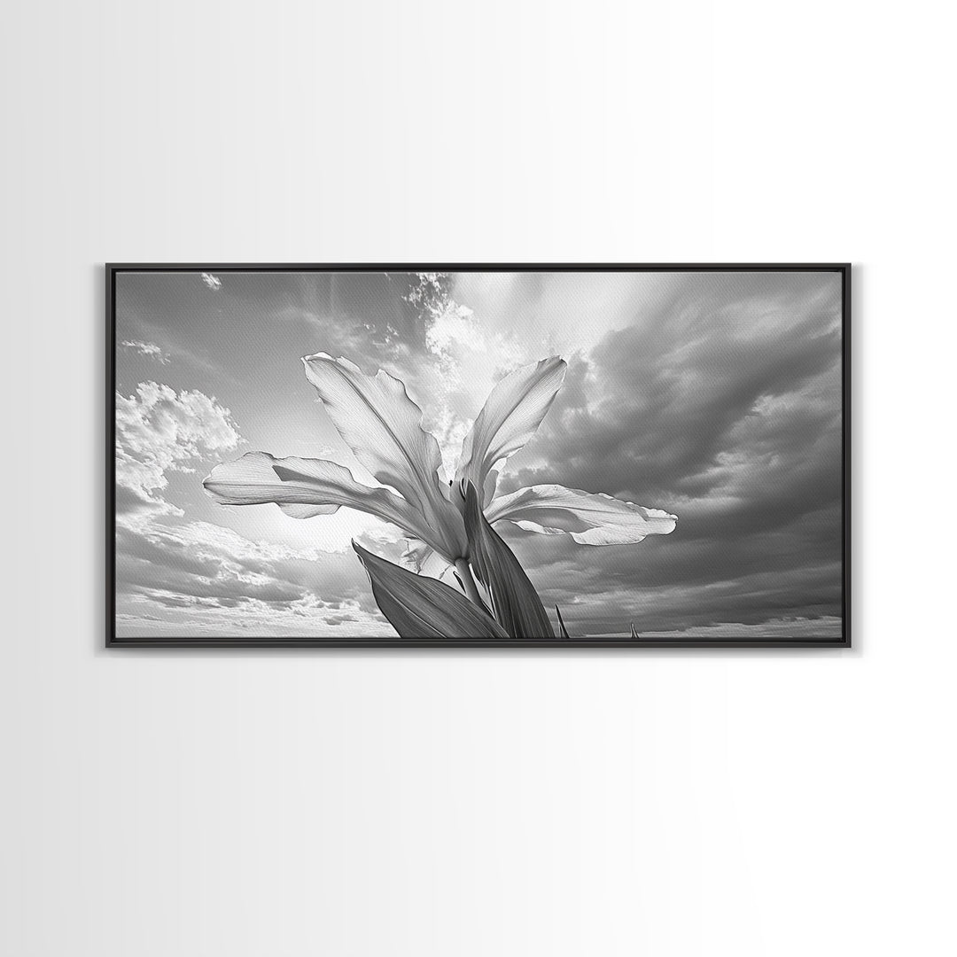 Blooming Iris, Floral Sky, Dreamy Nature, Petal Light, Framed Canvas Print, Modern Bedroom Art, Feminine Wall Art, Botanical Home Decor