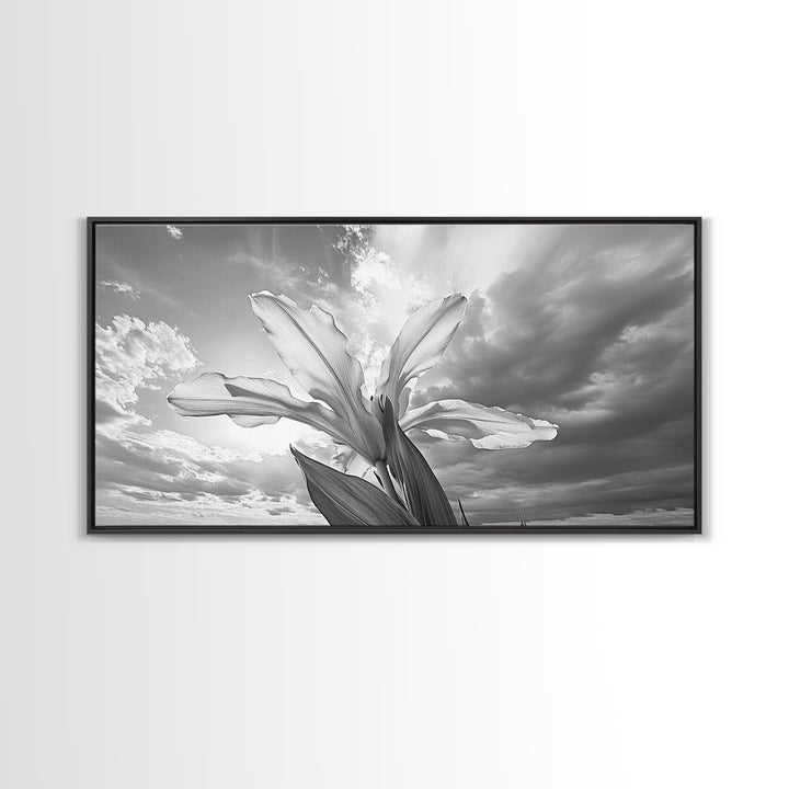 Blooming Iris, Floral Sky, Dreamy Nature, Petal Light, Framed Canvas Print, Modern Bedroom Art, Feminine Wall Art, Botanical Home Decor