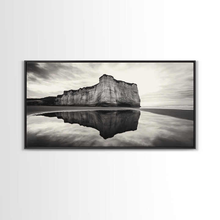 Cliff Reflection, Coastal Monolith, Seashore Beauty, Sunset Vibes, Framed Canvas Print, Living Room Art, Minimalist Beach Scene
