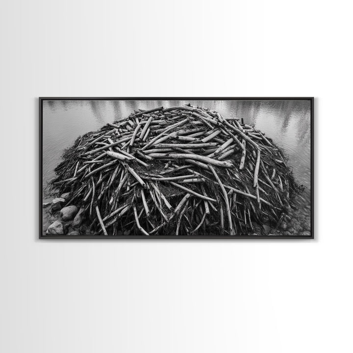 Beaver Lodge, Natural Structure, Earthy River Habitat, Framed Canvas Print, Cabin Wall Art, Nature-Inspired Rustic Fall Decor